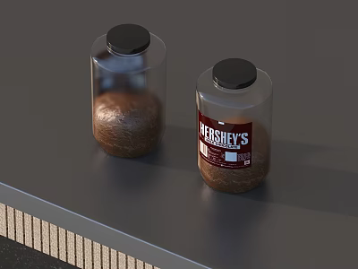 Hershey's Cocoa Powder in Glass Jars on Gray Countertop with Wooden Edge 3d model