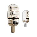 Oval shaped Mirrors with Wooden and White Bases Reflecting Interior with Shelves Desk and Chair