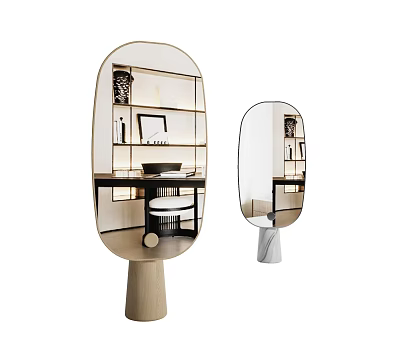Oval shaped Mirrors with Wooden and White Bases Reflecting Interior with Shelves Desk and Chair 3d model