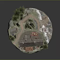 Miniature Cottage Scene With Pine Trees Winding Path Flowing Stream On Circular Stone Base