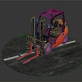 Orange Forklift With Black Cab And Red Forks On Circular Gray Ground