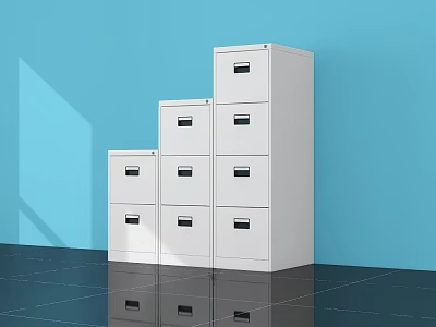 Modern White Storage Cabinets With Multiple Drawers Against Blue Wall On Black Floor 3d model