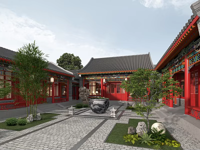 Ancient Chinese Architecture Courtyard With Red Buildings Black Roofs Stone Paved Path And Greenery 3d model
