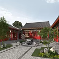 Ancient Chinese Architecture Courtyard With Red Buildings Black Roofs Stone Paved Path And Greenery