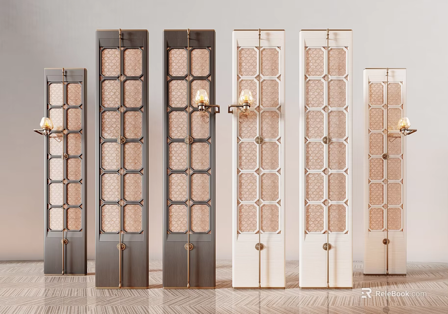 Contemporary Room Divider Screens With Geometric Grid Patterns And Wall Sconces 3d model