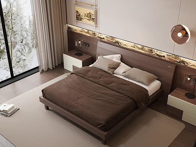 Modern Bedroom With Brown Bed Carpet Bedside Tables Lamps And Snow View Window 3d model
