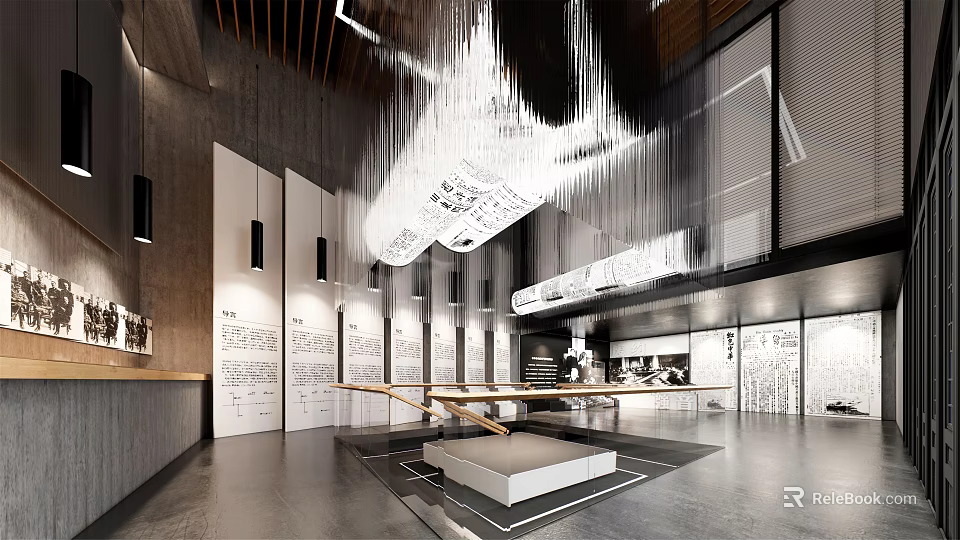 Modern Cultural Center Interior Design With Hanging Chandeliers Exhibition Walls And Seating Areas 3d model 