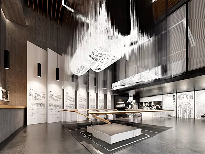 Modern Cultural Center Interior Design With Hanging Chandeliers Exhibition Walls And Seating Areas 3d model