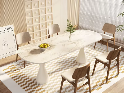 Elegant Modern Marble Dining Table Set With Wooden Chairs Fruit Bowl And Vase 3d model