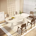 Elegant Modern Marble Dining Table Set With Wooden Chairs Fruit Bowl And Vase