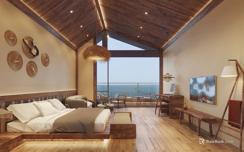Hotel Room with Wooden Ceiling Large Bed Floor to Ceiling Window and Sea View 3d model 