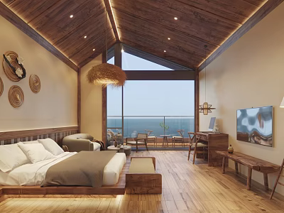 Hotel Room with Wooden Ceiling Large Bed Floor to Ceiling Window and Sea View 3d model