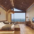 Hotel Room with Wooden Ceiling Large Bed Floor to Ceiling Window and Sea View