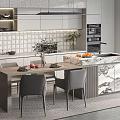Modern Dining Table Set with Chairs and Marble Island Counter in Contemporary Kitchen Interior