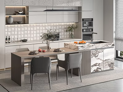 Modern Dining Table Set with Chairs and Marble Island Counter in Contemporary Kitchen Interior 3d model