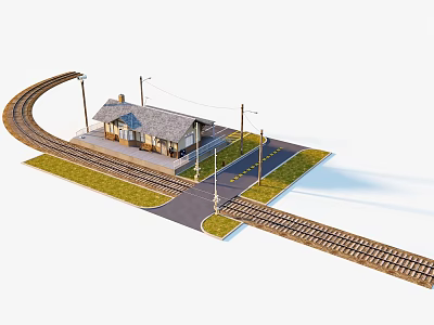 Small Train Station Scene With Curved Railway Tracks Platform And Street Lamps 3d model
