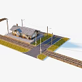 Small Train Station Scene With Curved Railway Tracks Platform And Street Lamps