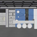 Modern Blue Store Front Desk With Metallic Silver Spheres Illuminated Hexagon Ceiling Grilles And Robot