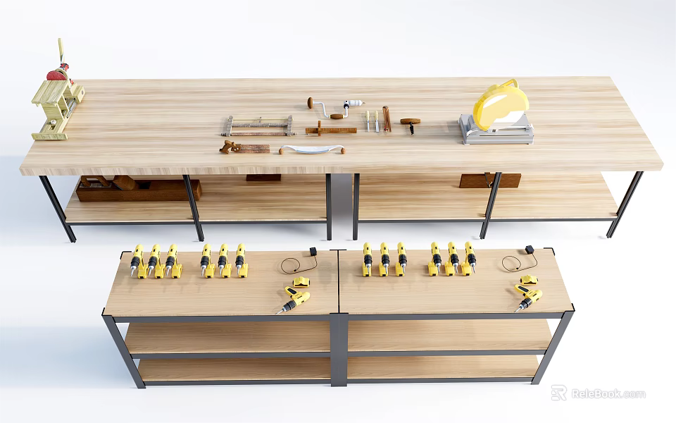 Functional Workbench With Wooden Tabletop Metal Frame And Woodworking Tools On Lower Shelves 3d model 