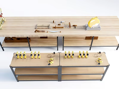 Functional Workbench With Wooden Tabletop Metal Frame And Woodworking Tools On Lower Shelves 3d model