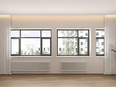 Bright Room Interior With Three Windows Radiators White Curtains And Wooden Floor 3d model