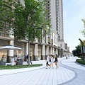Modern Scenic Waterfront Landscape With Promenade People Walking High Rise Buildings And Green Trees