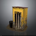 Small Yellow Building with Red Roof and Weathered Wooden Door and Trash Can Nearby