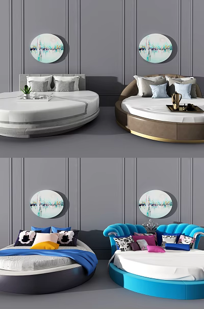Luxurious Round Bed Designs With Colorful Pillows And Circular Wall Decor 3d model