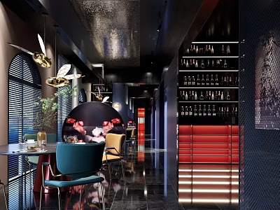 Elegant Luxury Restaurant Interior With Stylish Chandeliers Round Tables Blue Chairs Red Walls And Bookshelves 3d model