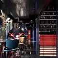 Elegant Luxury Restaurant Interior With Stylish Chandeliers Round Tables Blue Chairs Red Walls And Bookshelves