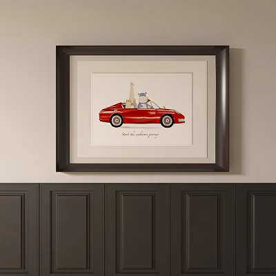 Framed Abstract Painting Featuring Red Convertible Car People Inside Hanging On Wall 3d model