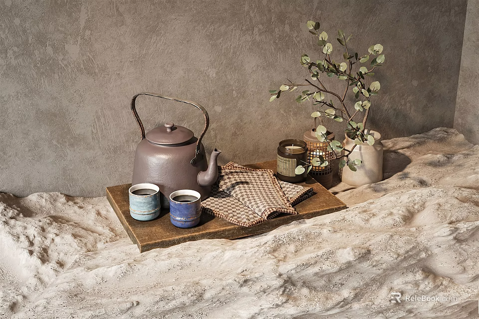 Elegant Tea Set with Brown Teapot Blue Cups and Checkered Cloth on Wooden Tray 3d model 