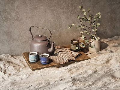 Elegant Tea Set with Brown Teapot Blue Cups and Checkered Cloth on Wooden Tray 3d model