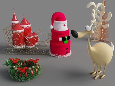 Christmas Food Display With Red Candles Sleigh Snowman Reindeer And Wreath Decor 3d model