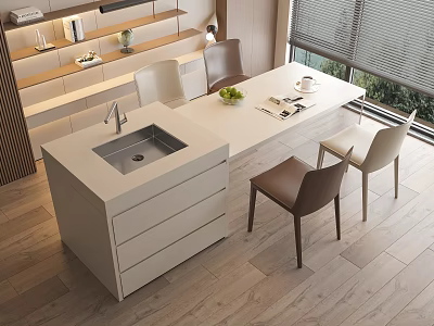 Modern Dining Table Combination With White Countertop Sink Chairs Green Fruits And Wooden Floor 3d model
