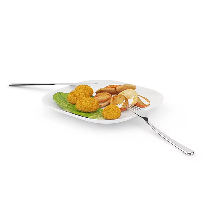 Golden Fried Meatballs and Toast Slices with Fresh Lettuce on White Plate and Fork Knife 3d model