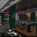 Modern Restaurant Interior Featuring Green Pillars Black Shiny Ceiling Central Counter And Stylish Stools