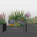 Brown Rectangular Flower Planters With Logo Filled With Colorful Flowers And Green Plants