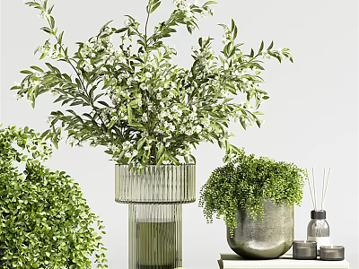 Ribbed Glass Vase With Green Foliage And White Blooms For Home Decor 3d model