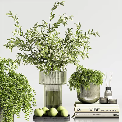 Ribbed Glass Vase With Green Foliage And White Blooms For Home Decor 3d model