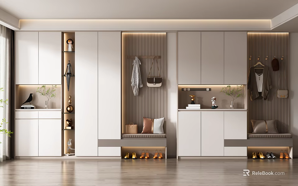 Modern Stylish Shoe Cabinet With Storage Seating Hanging Area LED Lighting And Plants 3d model 