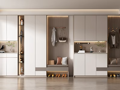 Modern Stylish Shoe Cabinet With Storage Seating Hanging Area LED Lighting And Plants 3d model