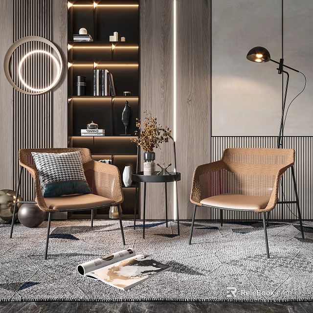 Stylish Rattan Table and Chairs Combination with Brown Seats in Modern Living Room Decor 3d model 