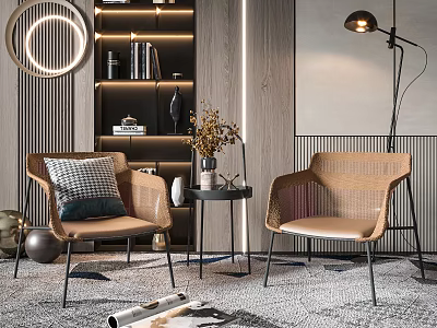 Stylish Rattan Table and Chairs Combination with Brown Seats in Modern Living Room Decor 3d model