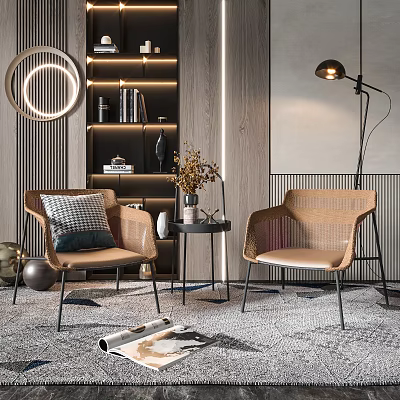 Stylish Rattan Table and Chairs Combination with Brown Seats in Modern Living Room Decor 3d model