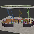 Modern Pergola with Circular Wooden Lattice Roof Curved Supports and Surrounding Seating on Tiled Floor