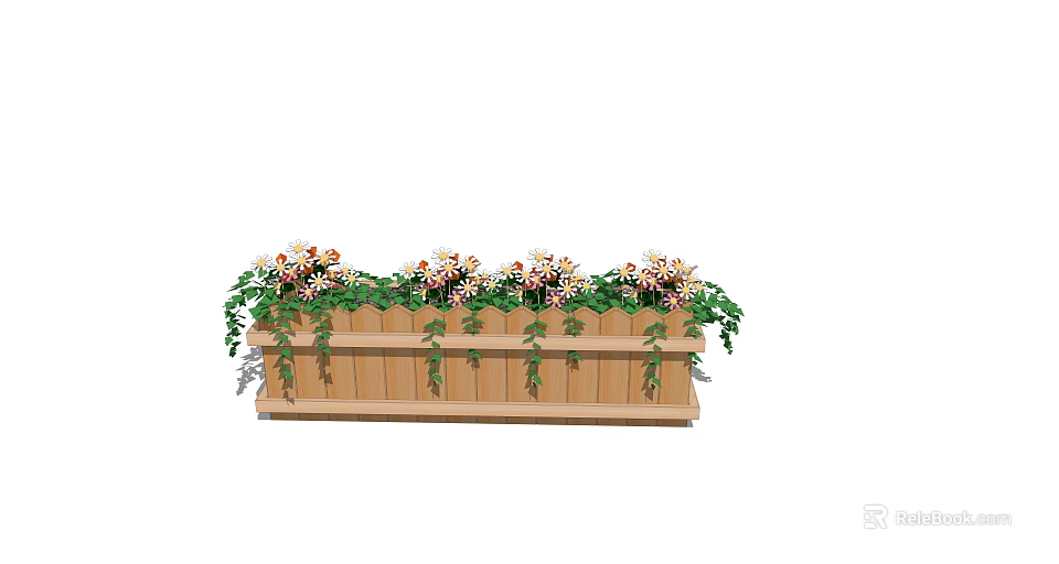 Wooden Flower Planter with White Pink Flowers and Green Vines Decoration 3d model 