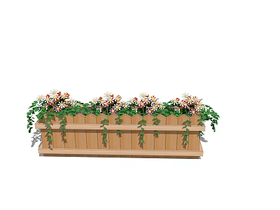 Wooden Flower Planter with White Pink Flowers and Green Vines Decoration 3d model