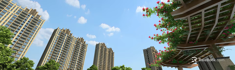 Pergola Surrounded by Tall Buildings Red Flowers and Green Shrubs Under Blue Sky 3d model 
