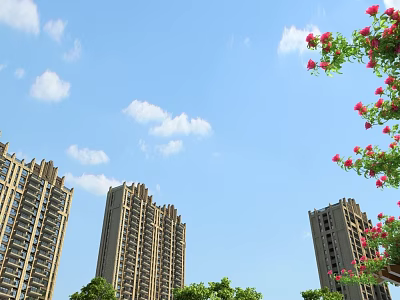 Pergola Surrounded by Tall Buildings Red Flowers and Green Shrubs Under Blue Sky 3d model
